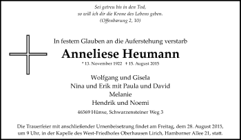 Traueranzeige von Anneliese Heumann von Tageszeitung