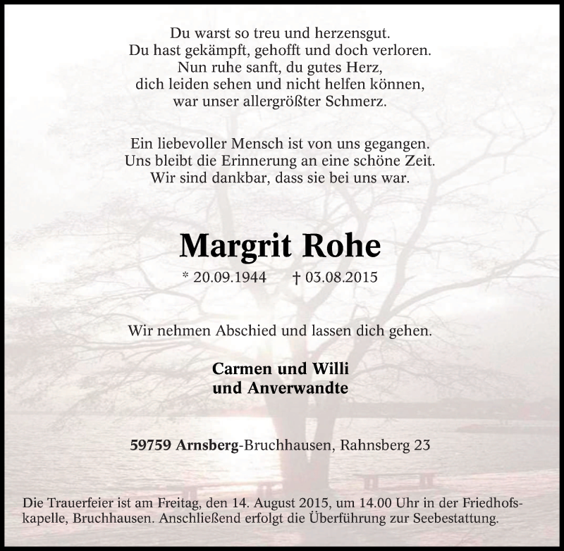  Traueranzeige für Margrit Rohe vom 08.08.2015 aus Tageszeitung