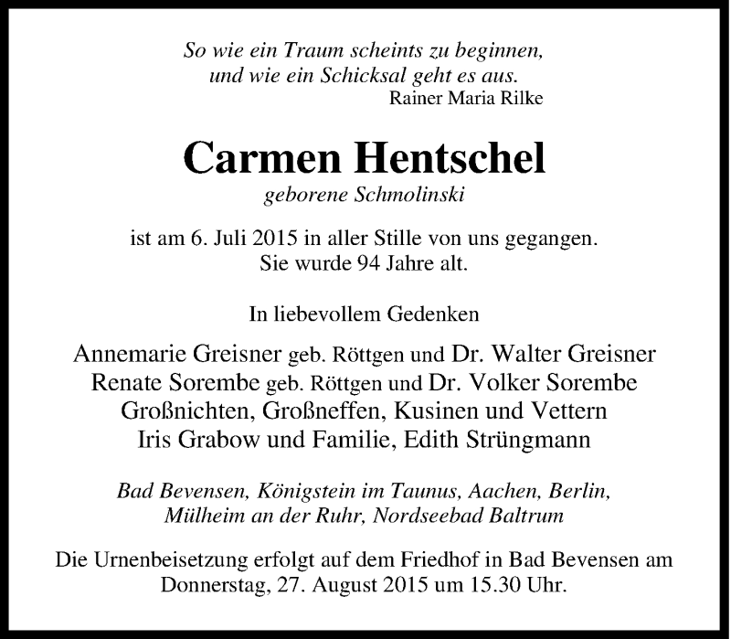  Traueranzeige für Carmen Hentschel vom 22.08.2015 aus Tageszeitung