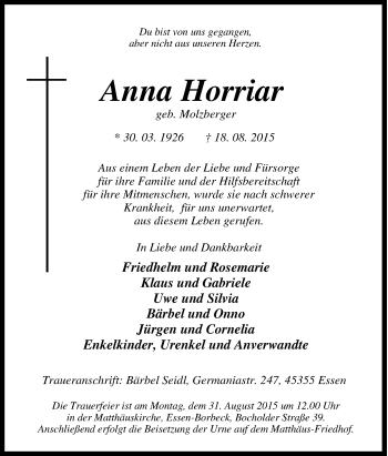 Traueranzeige von Anna Horriar von Tageszeitung
