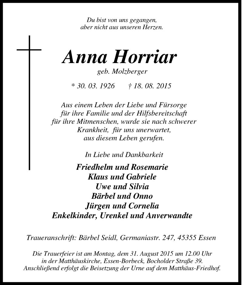  Traueranzeige für Anna Horriar vom 22.08.2015 aus Tageszeitung
