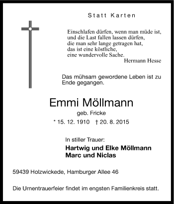 Traueranzeige von Emmi Möllmann von Tageszeitung