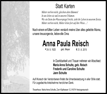 Traueranzeige von Anna Paula Reisch von Tageszeitung