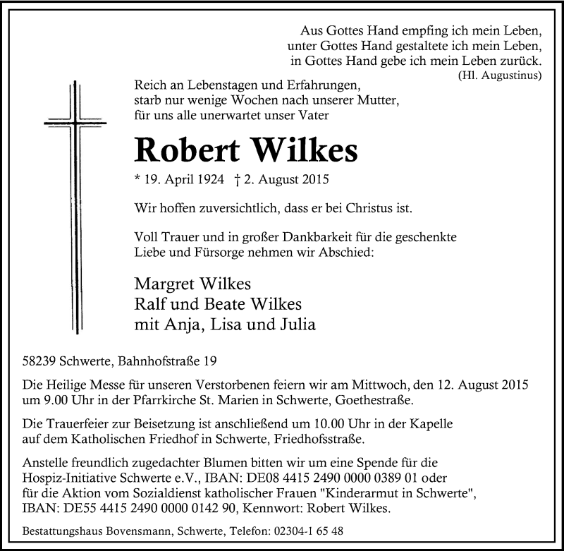  Traueranzeige für Robert Wilkes vom 05.08.2015 aus Tageszeitung