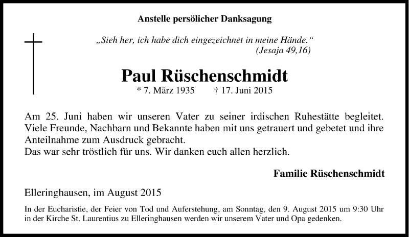  Traueranzeige für Paul Rüschenschmidt vom 06.08.2015 aus Tageszeitung