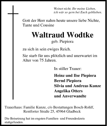 Traueranzeige von Waltraud Wodtke von Tageszeitung