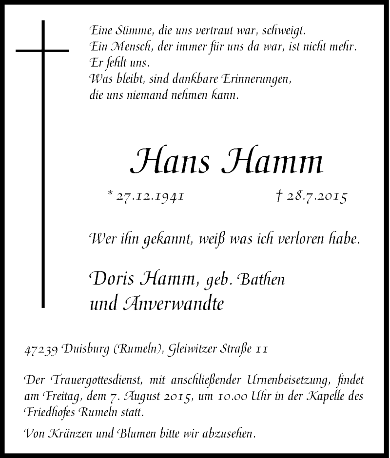  Traueranzeige für Hans Hamm vom 03.08.2015 aus Tageszeitung