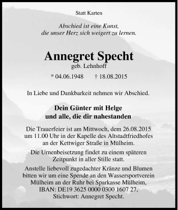 Traueranzeige von Annegret Specht von Tageszeitung