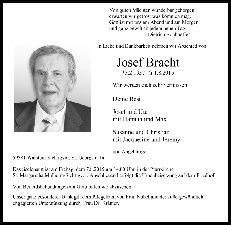  Traueranzeige für Josef Bracht vom 04.08.2015 aus Tageszeitung