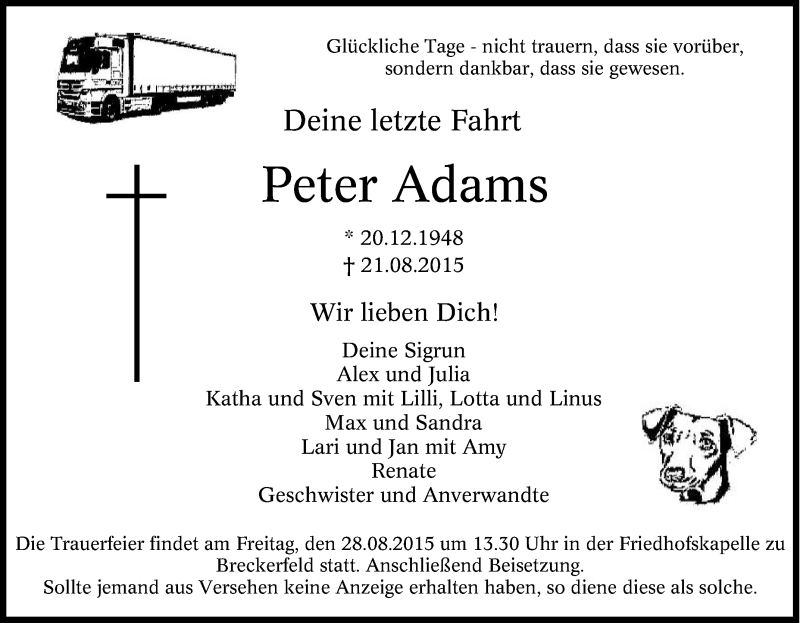  Traueranzeige für Peter Adams vom 26.08.2015 aus Tageszeitung