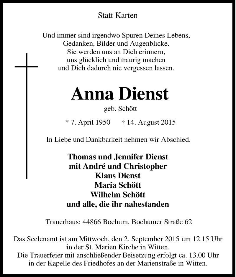  Traueranzeige für Anna Dienst vom 29.08.2015 aus Tageszeitung