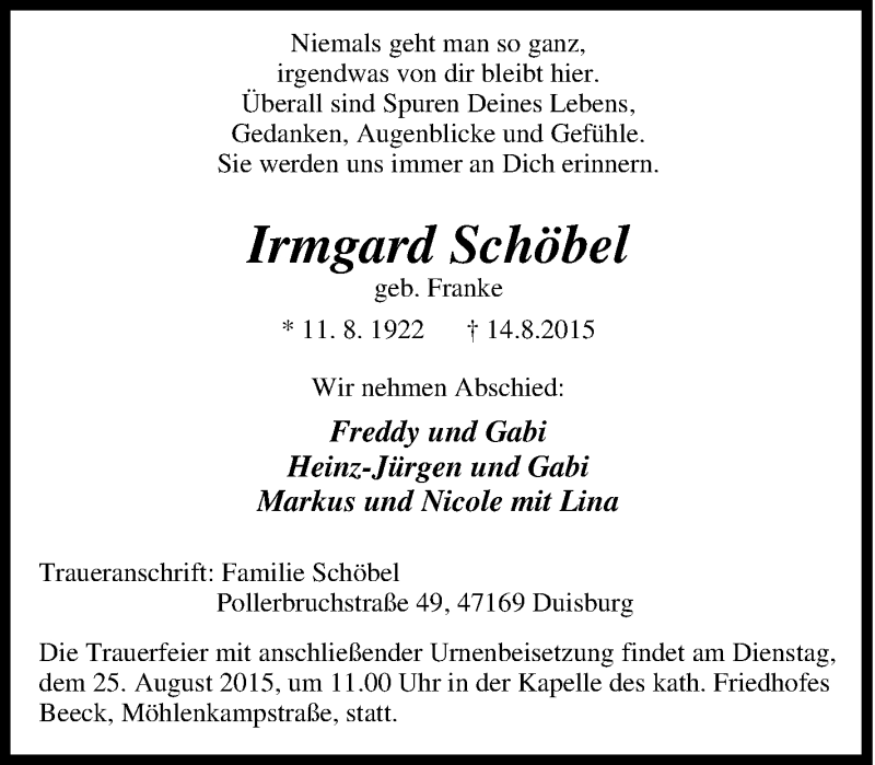  Traueranzeige für Irmgard Schöbel vom 20.08.2015 aus Tageszeitung