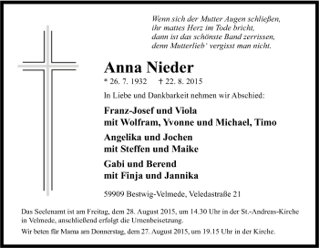 Traueranzeige von Anna Nieder von Tageszeitung