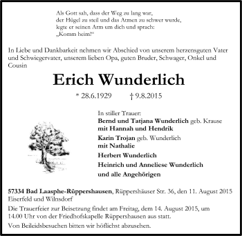 Traueranzeige von Erich Wunderlich von Tageszeitung