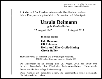 Traueranzeige von Ursula Reimann von Tageszeitung