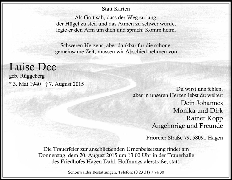  Traueranzeige für Luise Dee vom 15.08.2015 aus Tageszeitung