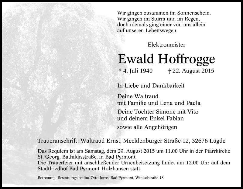  Traueranzeige für Ewald Hoffrogge vom 26.08.2015 aus Tageszeitung