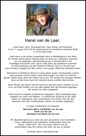 Traueranzeige von Hansi van de Laar von Tageszeitung