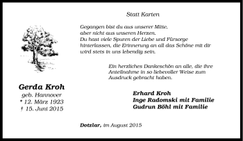 Traueranzeige von Gerda Kroh von Tageszeitung