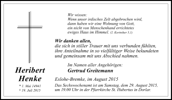 Traueranzeige von Heribert Henke von Tageszeitung