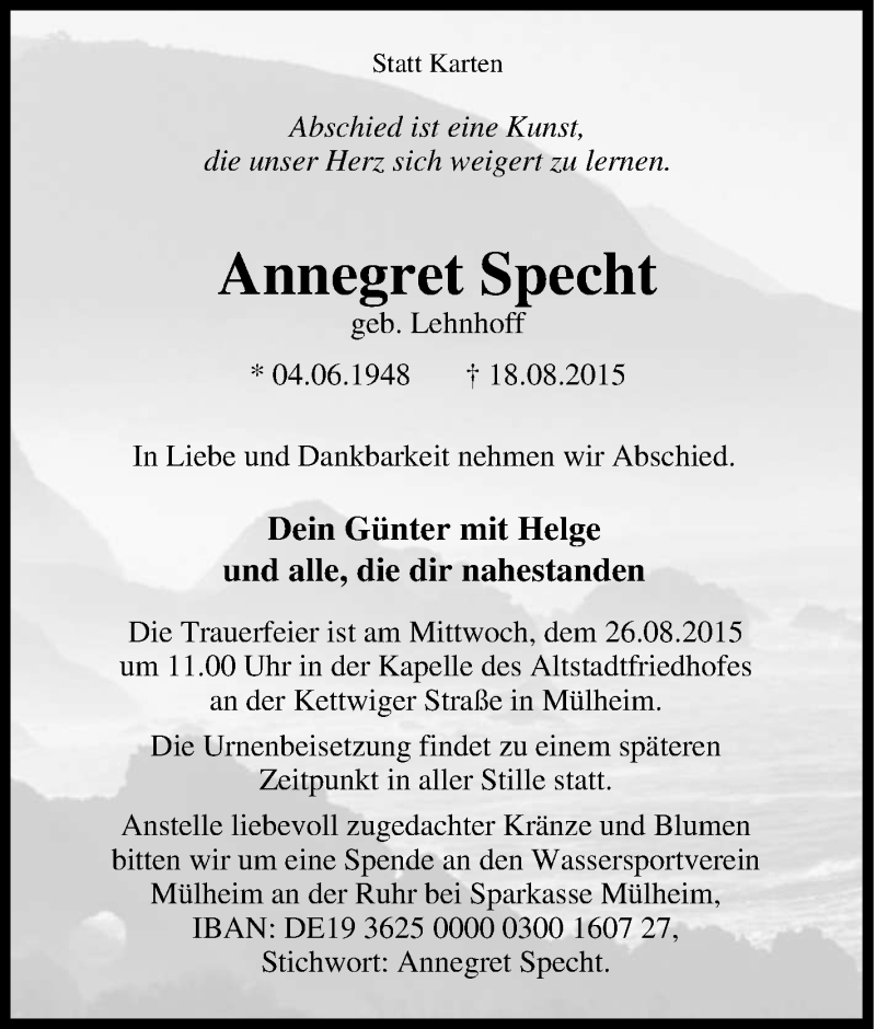  Traueranzeige für Annegret Specht vom 22.08.2015 aus Tageszeitung
