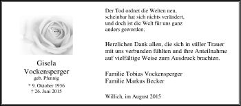 Traueranzeige von Gisela Vockensperger von Tageszeitung