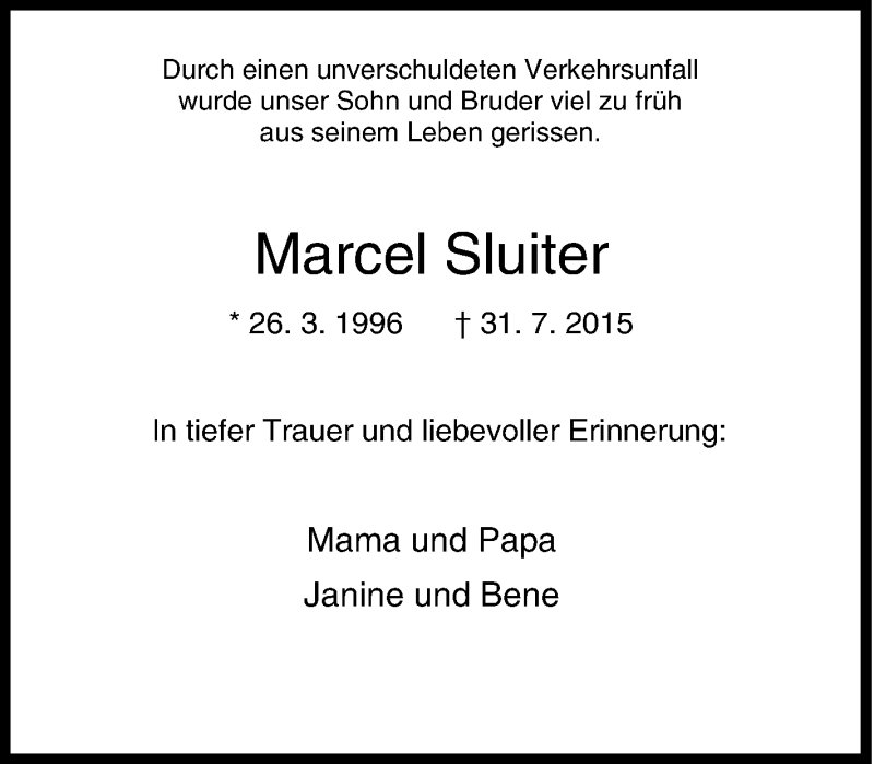  Traueranzeige für Marcel Sluiter vom 05.08.2015 aus Tageszeitung