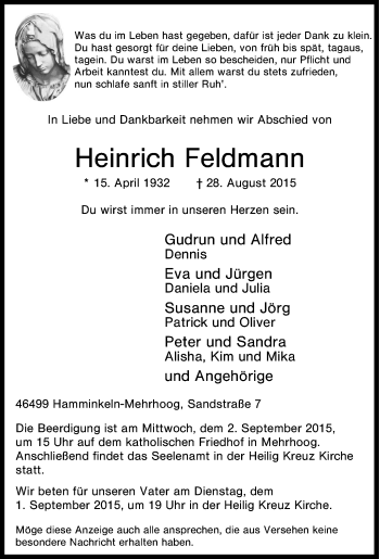 Traueranzeige von Heinrich Feldmann von Tageszeitung