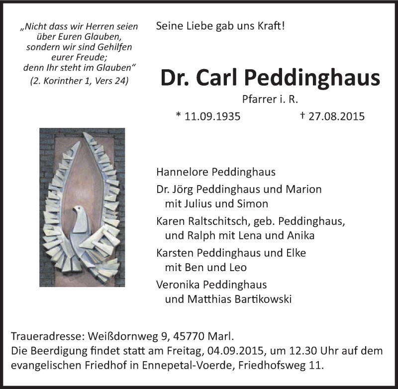  Traueranzeige für Carl Peddinghaus vom 31.08.2015 aus Tageszeitung