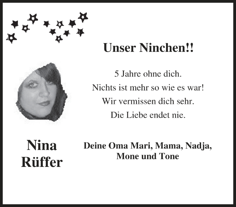  Traueranzeige für Nina Rüffer vom 07.09.2015 aus Tageszeitung