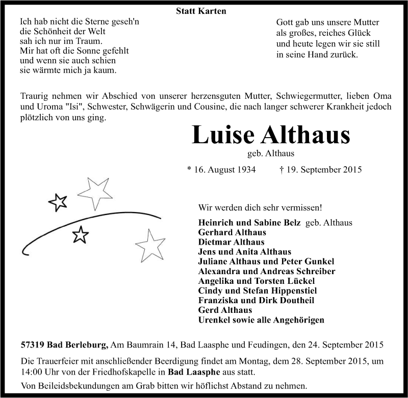  Traueranzeige für Luise Althaus vom 24.09.2015 aus Tageszeitung