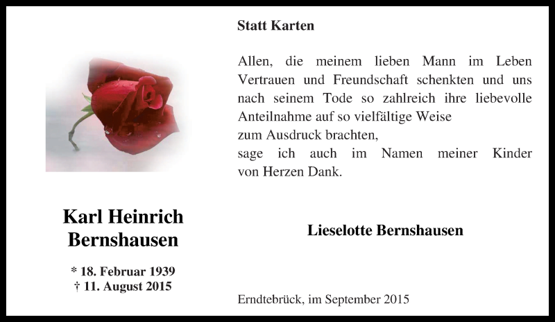  Traueranzeige für Karl Heinrich Bernshausen vom 16.09.2015 aus Tageszeitung