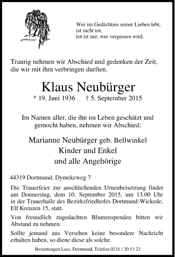 Traueranzeige von Klaus Neubürger von Tageszeitung