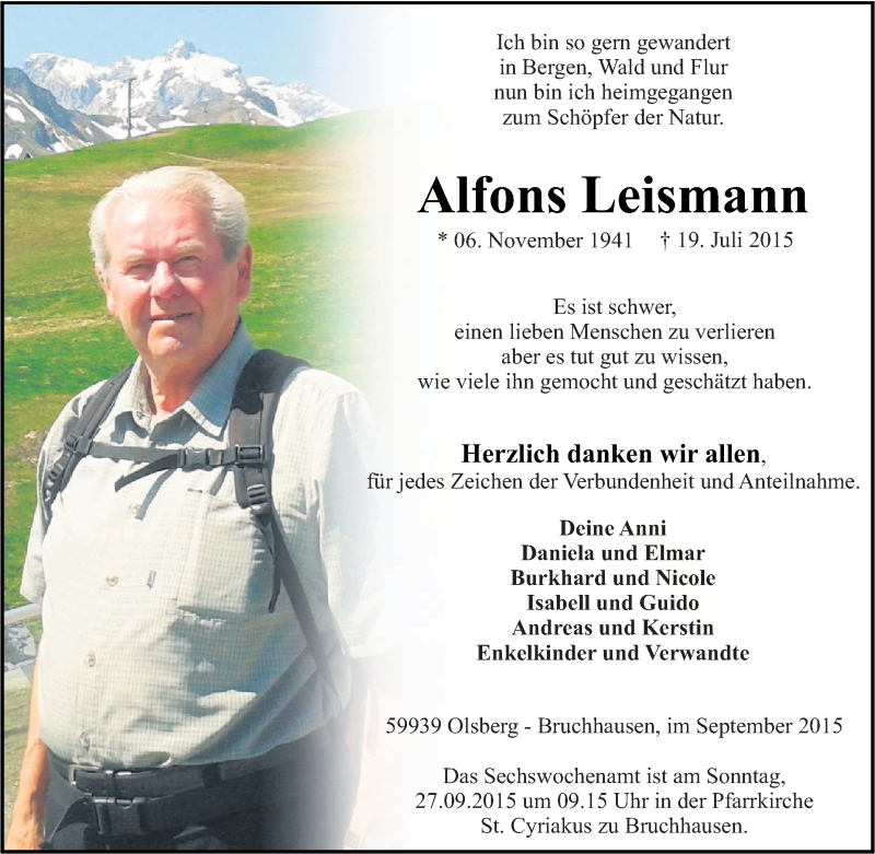  Traueranzeige für Alfons Leismann vom 19.09.2015 aus Tageszeitung