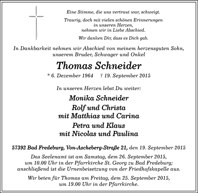 Traueranzeige für Thomas Schneider vom 23.09.2015 aus Tageszeitung