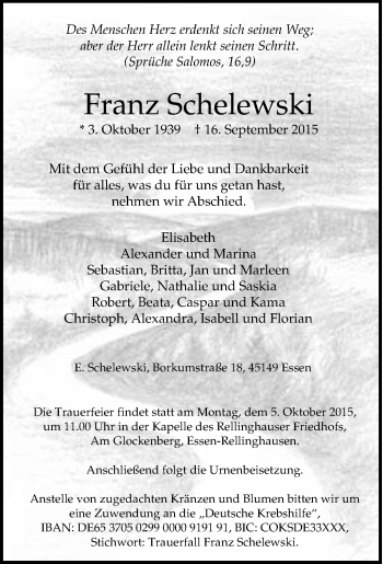 Traueranzeige von Franz Schelewski von Tageszeitung