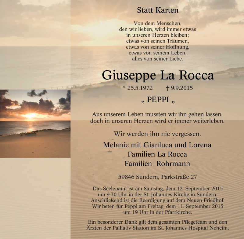  Traueranzeige für Giuseppe La Rocca vom 10.09.2015 aus Tageszeitung