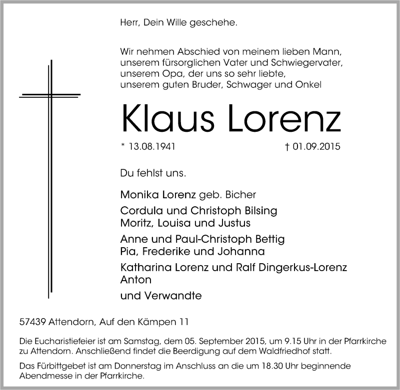  Traueranzeige für Klaus Lorenz vom 02.09.2015 aus Tageszeitung