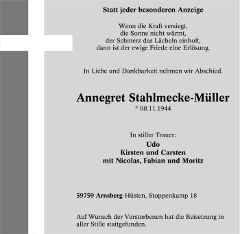 Traueranzeige von Annegret Stahlmecke-Müller von Tageszeitung