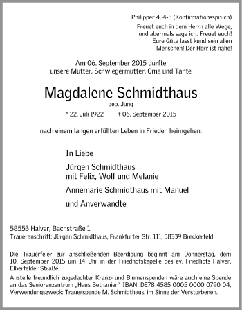 Traueranzeige von Magdalene Schmidthaus von Tageszeitung