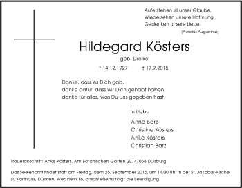 Traueranzeige von Hildegard Kösters von Tageszeitung