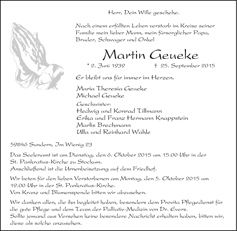  Traueranzeige für Martin Geueke vom 28.09.2015 aus Tageszeitung