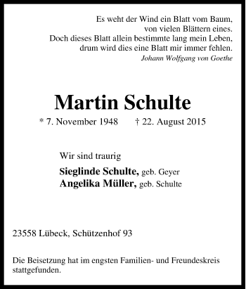Traueranzeige von Martin Schulte von Tageszeitung