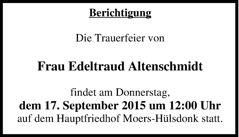  Traueranzeige für Edeltraud Altenschmidt vom 16.09.2015 aus Tageszeitung
