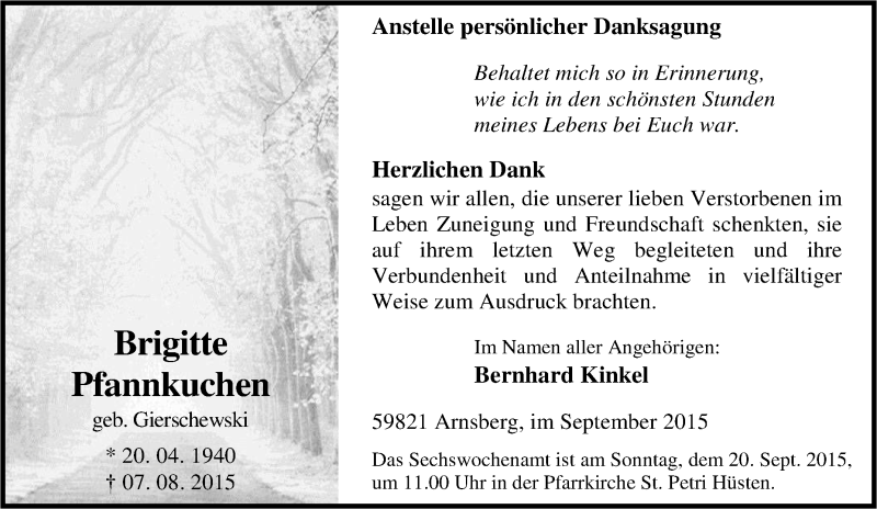  Traueranzeige für Brigitte Pfannkuchen vom 12.09.2015 aus Tageszeitung