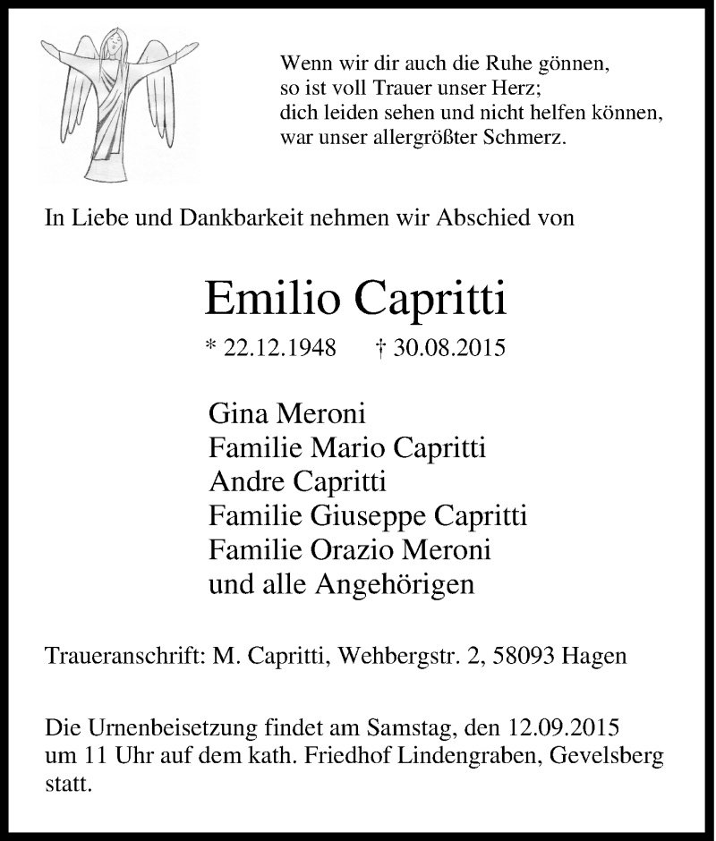  Traueranzeige für Emilio Capritti vom 09.09.2015 aus Tageszeitung