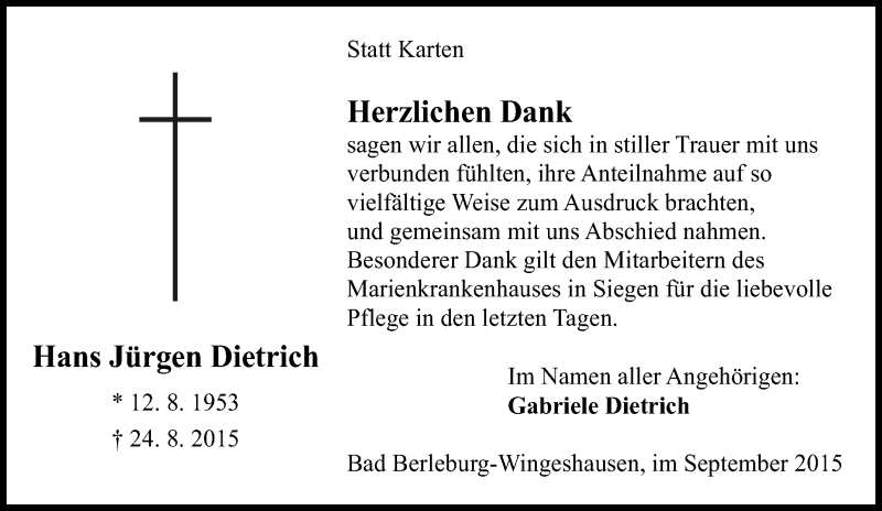  Traueranzeige für Hans Jürgen Dietrich vom 17.09.2015 aus Tageszeitung