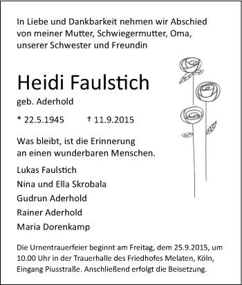 Traueranzeige von Heidi Faulstich von Tageszeitung