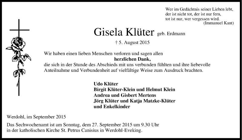  Traueranzeige für Gisela Klüter vom 11.09.2015 aus Tageszeitung