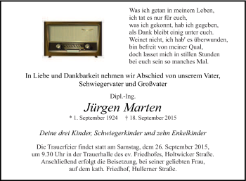 Traueranzeige von Jürgen Marten von Tageszeitung